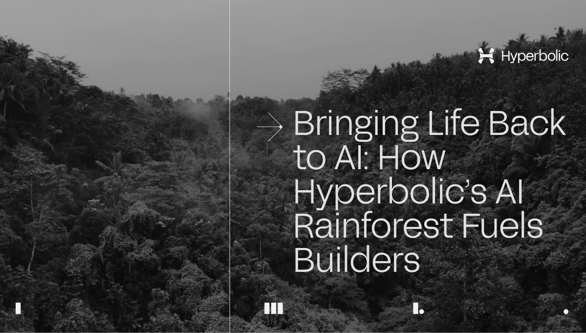 A grayscale aerial view of a dense rainforest with text overlay: "Bringing Life Back to AI: How Hyperbolic's AI Rainforest Fuels Builders." A subtle logo of Hyperbolic is in the top right corner.